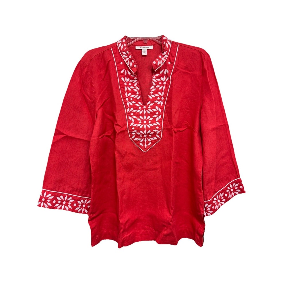 JM Collection Red Linen Tunic Top Womens 14 Embroidered Boho‎ Coastal V-Neck